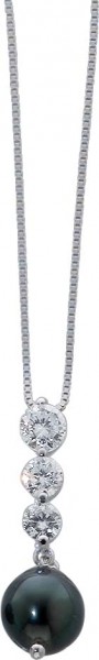 Collier aus 925/- Silber Sterlingsilber mit einer echten edlen Tahitizuchtperle verziert mit 3 funkelnden Zirkonia. Die Tahitizuchtperle hat typische changierende Farben und natürliche Einschlüsse. Länge der Kette 42 cm – Verlängerung 5 cm, Durchmesser de