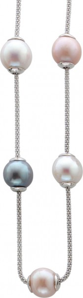 Perlenkette – Perlencollier 42cm + 5 cm Verlängerung in Silber Sterlingsilber 925/-, poliert, mit 5 bunten glänzenden Süßwasserzuchtperlen – 10mm Durchmesser. Dieses glamouröse Perlencollier hat einen stabilen Karabinerverschluss – absolute Premiumqualitä