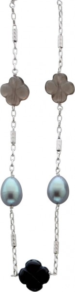 Perlenkette – Perlencollier 45cm in Silber Sterlingsilber 925/-, poliert, mit grauen glänzenden Süßwasserzuchtperlen – 8-8,5 mm Durchmesser und Zwischenteile aus Silber Sterlingsilber 925/-. Dieses glamouröse Perlencollier hat einen stabilen Karabinervers
