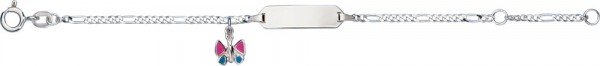 ID-Armband Silber Sterlingsilber 925/- eine diamantierteFigarokette mit Gravurplatte in 14cm Länge mit Schmetterlinganhänger in rotem Lack, persoanlisierter Schmuck