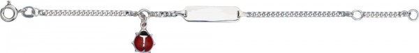 ID-Armband Silber Sterlingsilber 925/- ein Flachpanzerarmband mit Gravurplatte und einem Marienkäferanhänger mitrotem Lack, 14cm Länge,personalisierbarer Schmuck,