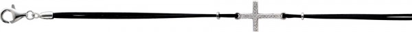 Trendiges schwarzes Lederarmband in Silber Sterlingsilber 925/-, poliert, mit einem mit funkelnden Zirkonia besetzten Kreuz-Zwischenglied, Länge 2,cm, Breite 12mm, Höhe 1,5mm. Dieses zweireihige feine Lederarmband hat einen Durchmesser von je 1mm und eine