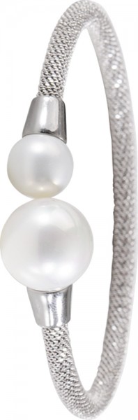 Toyo Yamamoto  angesagter Armreif Silber Sterlingsilber 925/-, poliert, 2 synthetische schimmernde weiße Perlen  18 cm