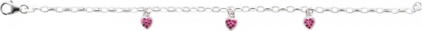 Kinderarmband (Erbsenkette) in Silber Sterlingsilber 925/-, poliert mit einem stabilen Karabinerverschluss, Länge 16cm, Durchmesser 2mm mit 3 funkelnden mit Glassteinen besetzten Herzanhänger in rosa, Durchmesser 4mm. Eine herzige Kinderarmkette zum versc