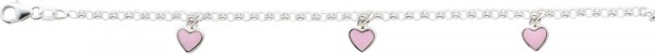 Kinderarmband – Erbsenkette in Silber Sterlingsilber 925/- mit einem stabilen Karabinerverschluss, poliert, Länge 16cm. Diese süße Kinderarmband hat einen Durchmesser von 2mm und ist besetzt mit 3 rosa lackierten Herzen, Durchmesser der Herzen 5mm. Eine h
