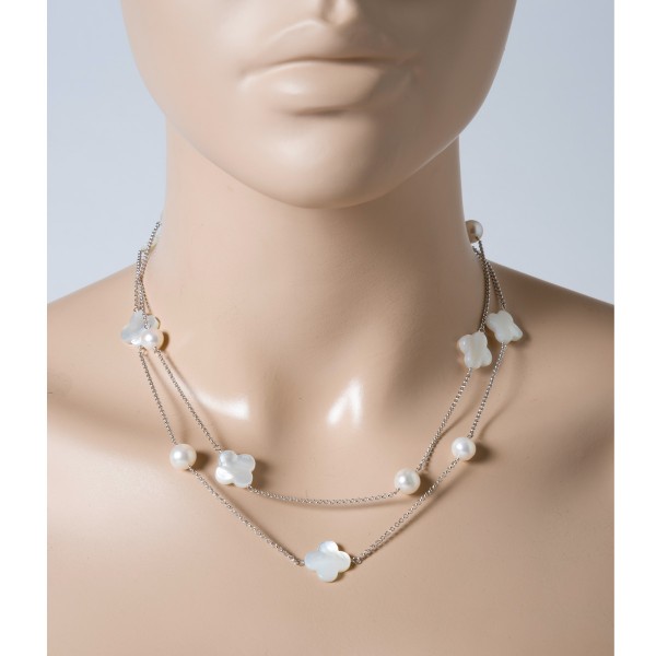 Perlenkette Perlencollier Sterling Silber 925 weißen Perlmutt Kleeblättern Süsswasserzuchtperlen