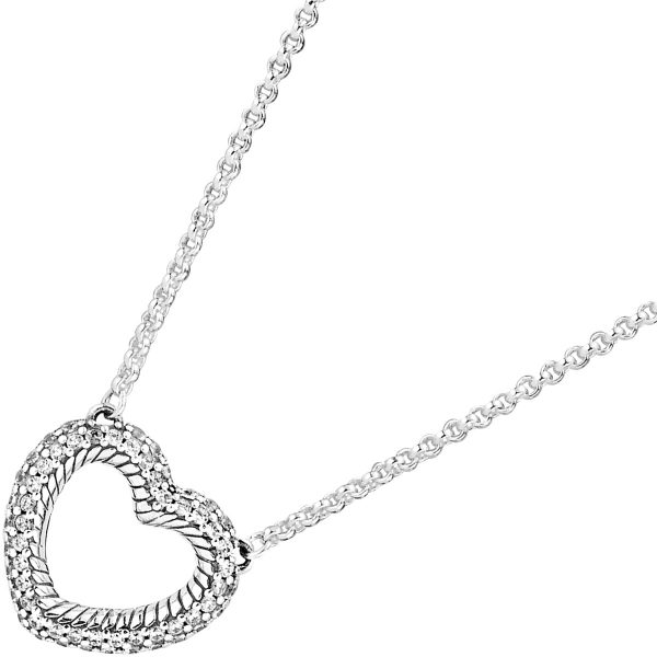 Pandora Icons Halskette mit Anhänger 399110C01 Pave Snake Chain Pattern Open Heart Collier Silber 925 Klare Zirkonia