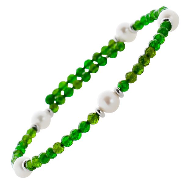 Grünes Chromdiopsid Edelstein Armband facettiert weisse Süsswasserperlen Stahldraht Größe variierbar