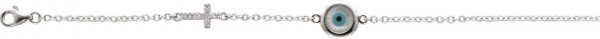 Kette aus echem Silber Sterlingsilber 925/- erhältlich in 18 und 43 cm Länge mit 3 cm Verlängerungskette. Wunderschöne Perlmuttscheibe mit schützendem Auge (Ø ca. 10mm)  und Kreuz (ca. 7x11mm) besetzt 12 weissen funkelnden Zirkoniasteinen. Stärke der